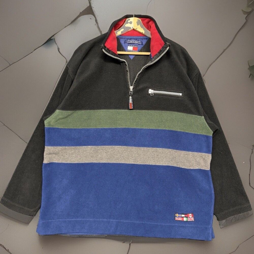 Vintage Tommy Hilfiger Men Large Colorblock Flag Fleece Quarter Zip Pullover 90s
